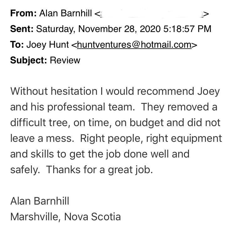 Customer Review - Hunt Ventures Tree Services - Marshville NS project