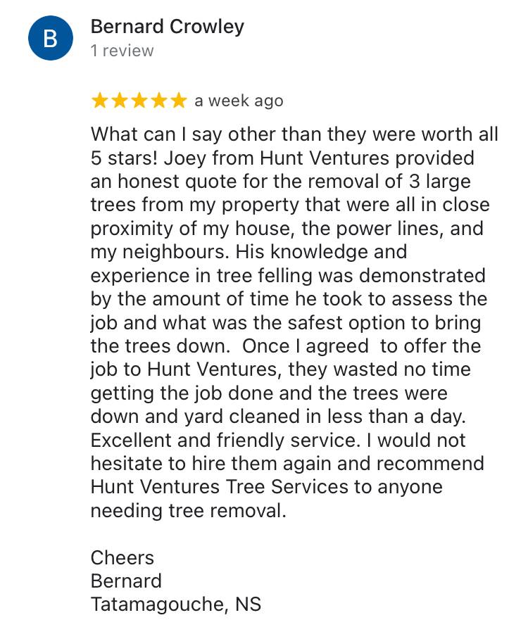 Customer Review - Tatamagouche, NS - Hunt Ventures Tree Services
