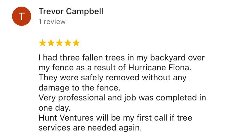 Customer Review - Hunt Ventures Tree Services - New Glasgow, NS
