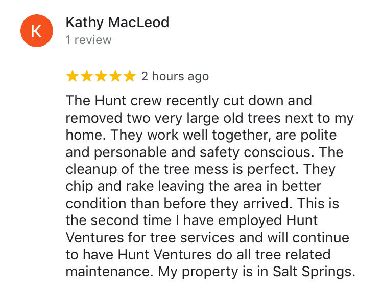 Customer Review - Hunt Ventures Tree Services