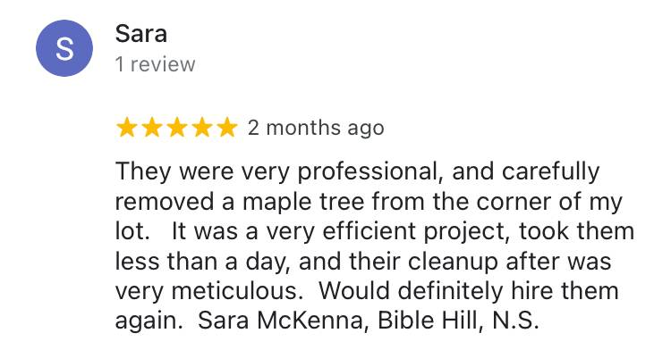 Customer Review - Bible Hill, NS - Hunt Ventures Tree Services